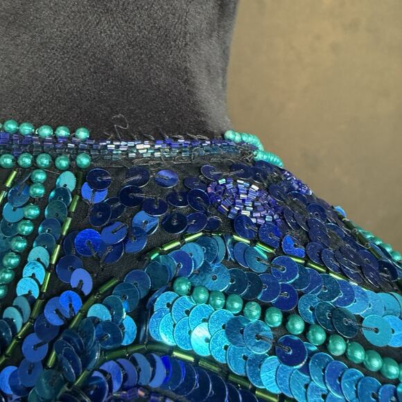 Vintage Laurence Kazar Silk Sequin Jacket XL Blue Green Beaded Evening Coat 80s - Picture 5 of 10